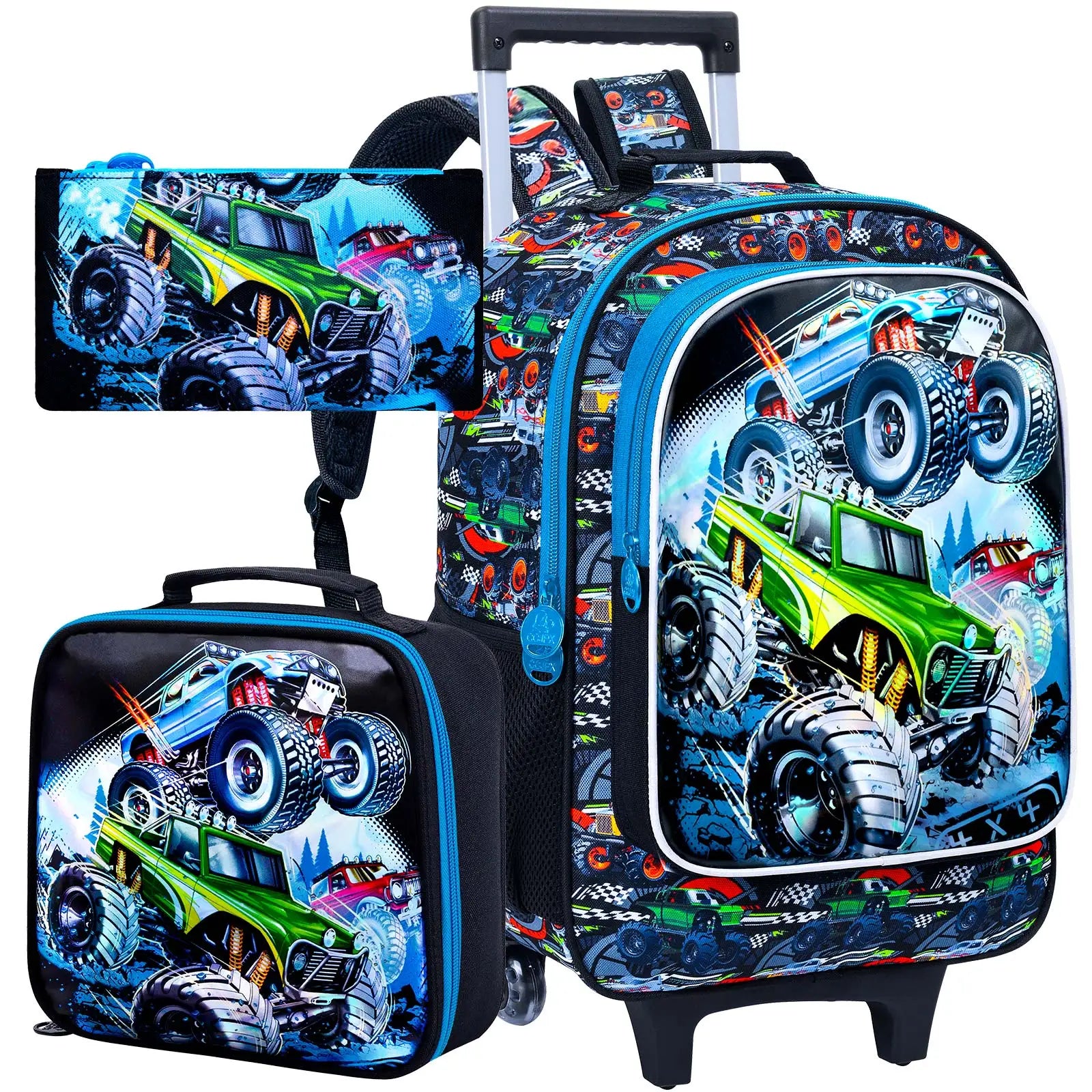 3Pcs Rolling Backpack for Boys, Kids Roller Wheels School Bookbag with Lunch Bag, Wheeled School Bag for Children