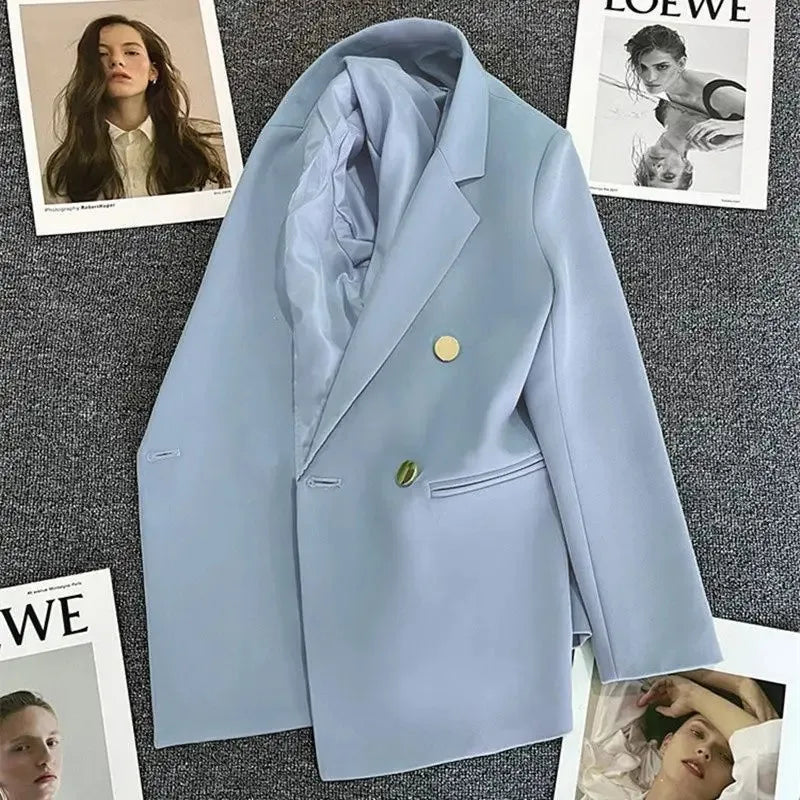 Women's Double-Breasted Blazer – Elegant Korean-Inspired Jacket**

Elevate your wardrobe with this sophisticated women's double-breasted blazer. Featuring a timeless solid-color design and polished silhouette, it’s perfec