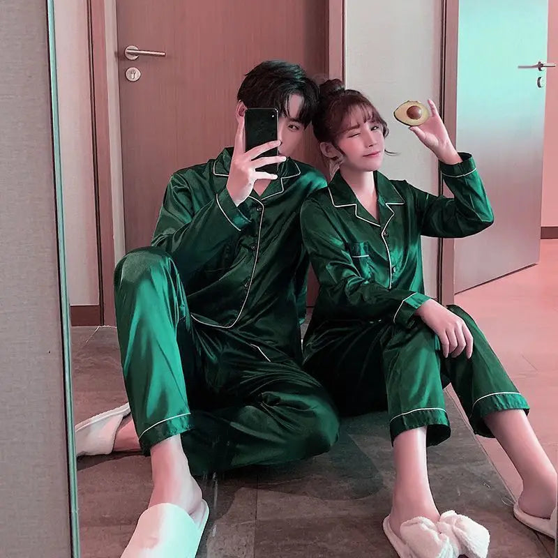 Pajamas Men Summer Ice Silk Thin Section of Men's Simulation Silk Black Long-Sleeved Trousers Homewear Suit