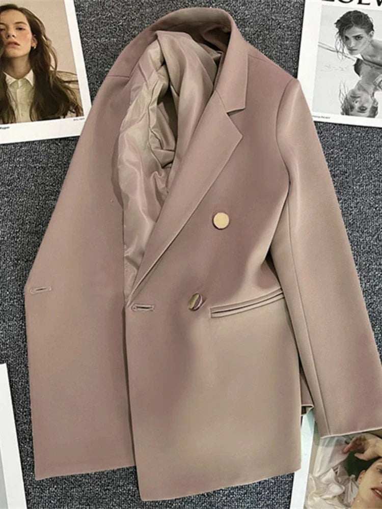 Women's Double-Breasted Blazer – Elegant Korean-Inspired Jacket**

Elevate your wardrobe with this sophisticated women's double-breasted blazer. Featuring a timeless solid-color design and polished silhouette, it’s perfec