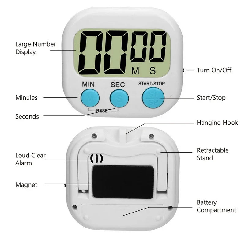 Electronic Kitchen Timer Magnetic LCD Digital Count Down Up Stopwatch Loud Kitchen Cooking Shower Study Stopwatch